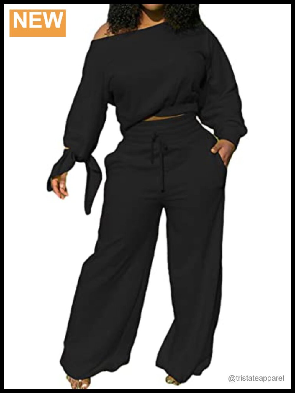 Two Piece Sweatsuit Set Off Shoulder Sweatshirt Wide Leg Palazzo Pants Pockets